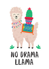 poster with cute llama and cactus
-  vector illustration, eps