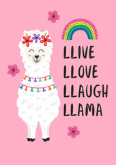 poster with cute llama and rainbow
-  vector illustration, eps
