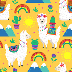 seamless pattern with funny llama and cacti
-  vector illustration, eps