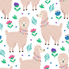 seamless pattern with llama and flowers
-  vector illustration, eps