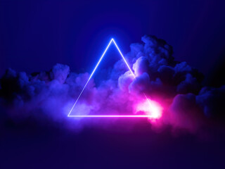 3d render, abstract minimal background, pink blue neon light triangular frame with copy space, illuminated stormy clouds, glowing geometric shape. - obrazy, fototapety, plakaty