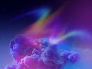 Fototapeten digitale illustration des naturphänomens. Hintergrund mit Aurora Borealis. Nordlichter am Polarnachthimmel, Baumwollwolken, geomagnetisches Wunder, Wunder der Natur © NeoLeo