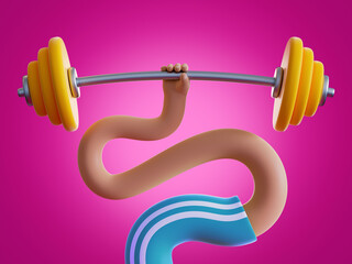 3d render boneless cartoon hands hold heavy barbell, isolated on pink background. Weight power lifting. Bodybuilding exercise. Extraordinary funny surrealistic clip art, unusual sport motivation
