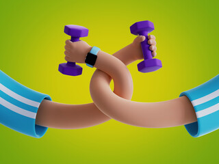 3d render elastic cartoon body parts. Hands hold dumbbells isolated on green background. Physical activity at home, indoor fitness exercise routine. Funny surrealistic clip art, sport motivation