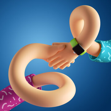 3d render abstract cartoon character flexible hands, funny boneless body parts interaction, friendly handshake, supportive relationship concept, isolated on blue background. Surrealistic clip art
