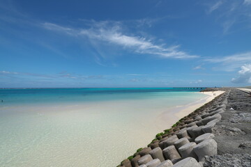 Okinawa,Japan-July 18, 2020: Beautiful sea and beach near Miyako Shimojishima airport in Shimoji island, Okinawa, Japan
