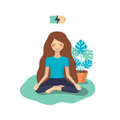 The girl sits in the lotus position and meditates. Charge your battery. Rest