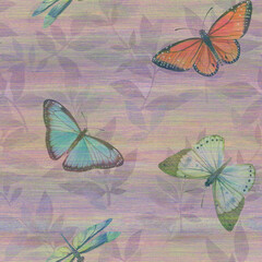Butterflies seamless pattern on a background of leaves.