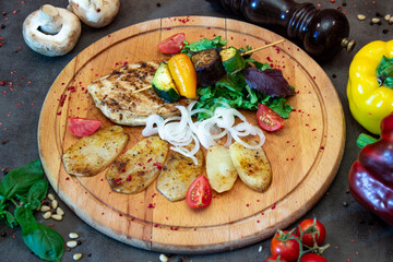 Delicious food on a grey table