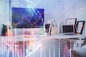 Double exposure of stock market graph drawing and office interior background. Concept of financial analysis.