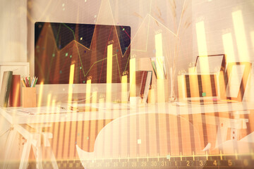 Double exposure of financial graph drawing and office interior background. Concept of stock market.