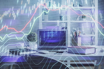 Double exposure of financial graph drawing and office interior background. Concept of stock market.