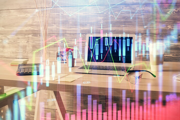 Double exposure of financial graph drawing and office interior background. Concept of stock market.