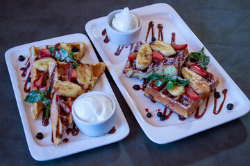 Delicious food on a grey table