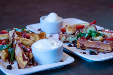 Delicious food on a grey table