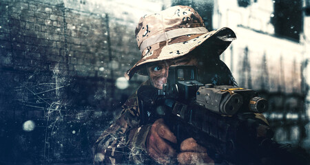 Special Forces Soldier action in ruined factory