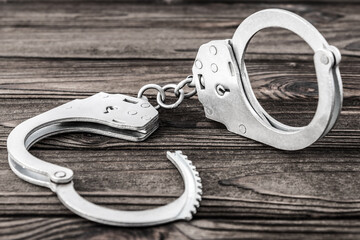 iron handcuffs on the background of a wooden table