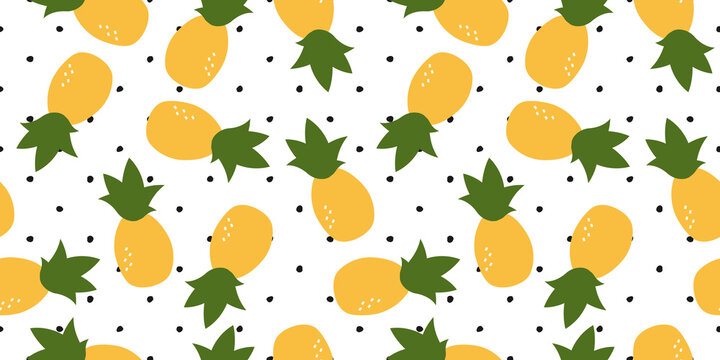 Fresh, yellow colorfull ananas vector seamless pattern. Texture background simple and stylized. Ideal for fabrics, packaging, wallpaper, invitations.