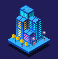 Smart city night neon ultraviolet walking people of buildings houses