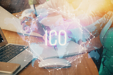 Naklejka premium Double exposure of blockchain theme drawing over people taking notes background. Concept of cryptocurrency