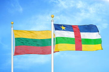 Lithuania and Central African Republic two flags on flagpoles and blue sky