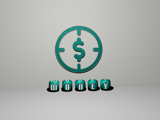 3D representation of money with icon on the wall and text arranged by metallic cubic letters on a mirror floor for concept meaning and slideshow presentation. illustration and business