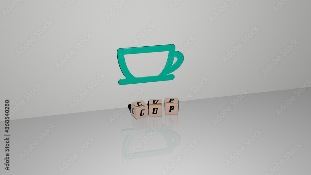 Poster 3d representation of cup with icon on the wall and text arranged by metallic cubic letters on a mirr