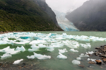 The receding Serrano Glacier in the mist losing ice due to climate change, Bernardo O´Higgins...