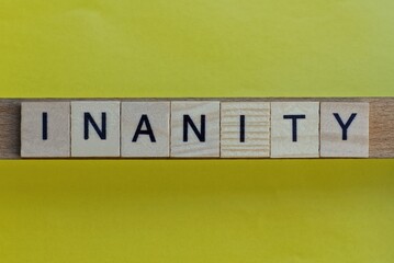 gray word inanity in small square wooden letters with black font on a yellow background