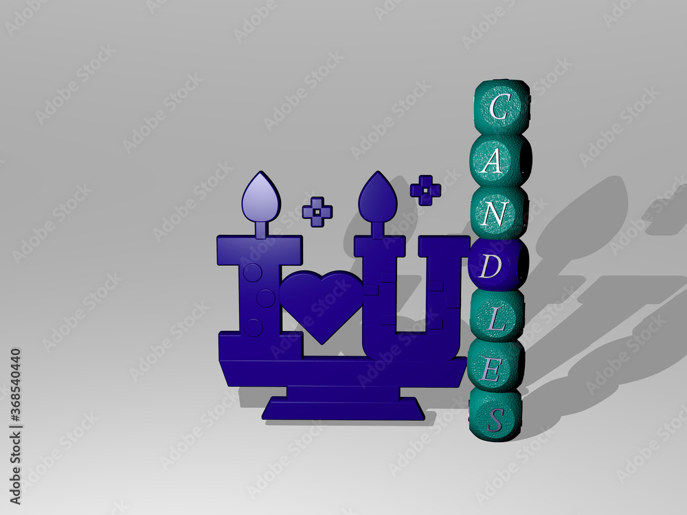 Poster 3d graphical image of candles vertically along with text built around the icon by metallic cubic let