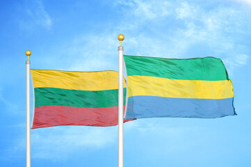 Lithuania and Gabon two flags on flagpoles and blue sky