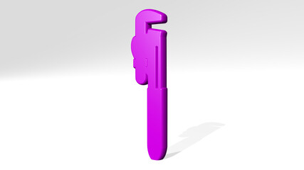 wrench made by 3D illustration of a shiny metallic sculpture with the shadow on light background. icon and construction