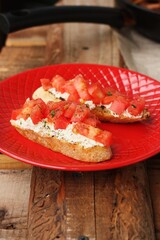 Bruschetta with tomatoes and cottage cheese macro 