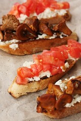 Bruschetta with red tomatoes and chanterelles macro