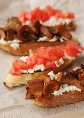 Bruschetta with red tomatoes and chanterelles macro