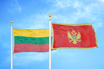 Lithuania and Montenegro two flags on flagpoles and blue sky