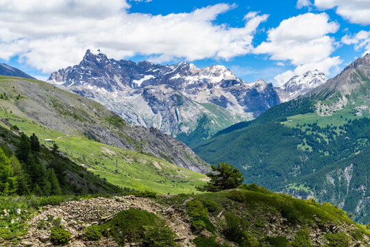 The mountain range of the Brec de Chambeyron viewed from the road climbing up to the Col de Vars