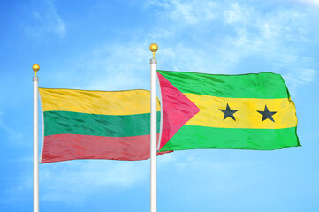 Lithuania and Sao Tome and Principe two flags on flagpoles and blue sky