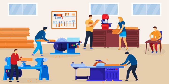 People woodworking vector illustration. Cartoon flat woodworker character group sawing wood planks, working with circular saw equipment tools in workshop room interior, cutting timberwood background