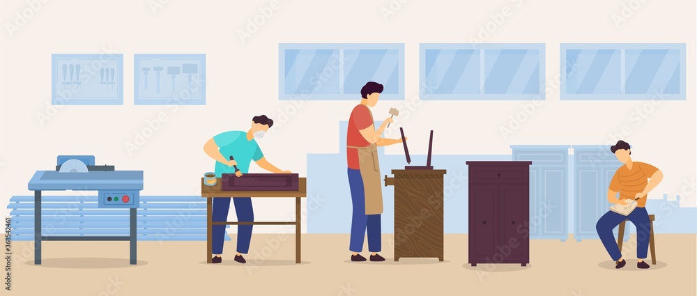 Wall mural people woodworking vector illustration. cartoon flat woodworker man character repairing wood home fu