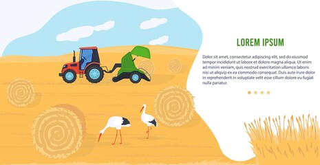 Agriculture machinery vector illustration. Cartoon flat agricultural agrarian tractor transporting hay bale haystack, harvesting machine working in organic farm field, farmland technology banner