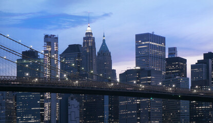night view  of financial district manhattan NYC  - obrazy, fototapety, plakaty