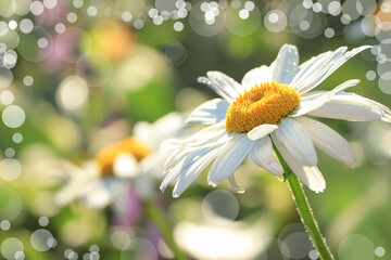 Abstract natural background, summer chamomile on bokeh background, blurred focus. Beautiful summer garden in the early morning with natural bokeh and dew background, floral card