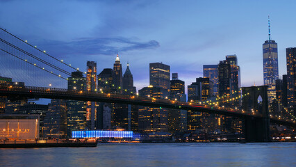 landscape of lower manhattan with Brooklyn bridge  east river at night time