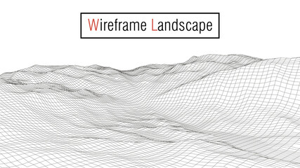 Wireframe 3D landscape mountains.Wireframe landscape wire. Cyberspace grid. Abstract vector landscape background. Vector illustration.