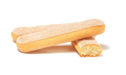 Traditional italian savoiardi biscuits, ladyfingers cookies, isolated on white background.