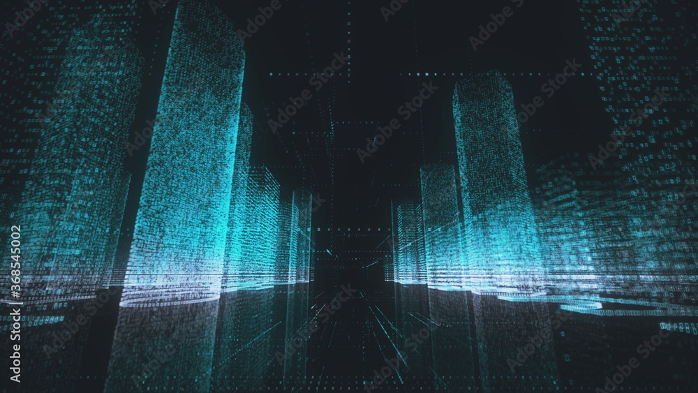 Poster digital technology and business concept background of dark abstract neon city in azure and white col