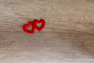 Couple heart red love symbol on wooden background copy space design Valentine's Day