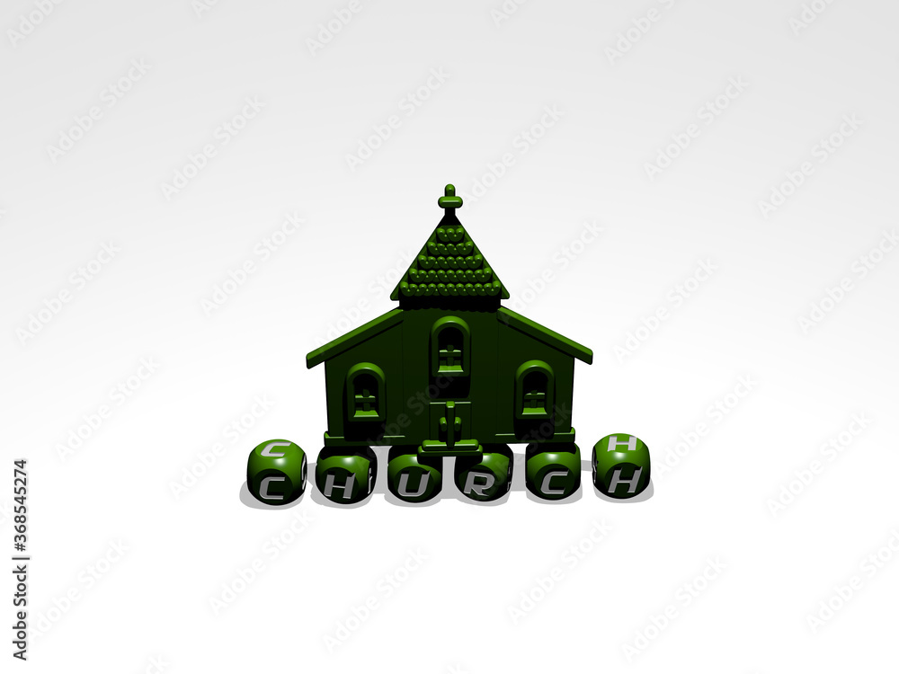 Poster 3d illustration of church graphics and text made by metallic dice letters for the related meanings o