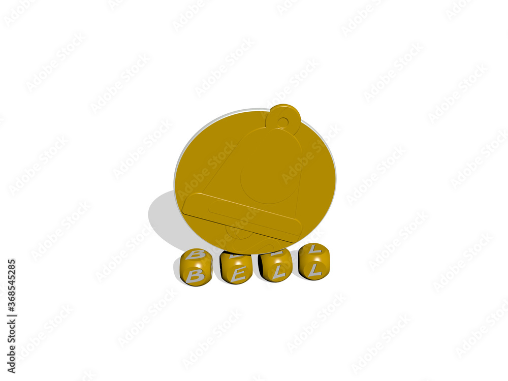 Poster 3D representation of BELL with icon on the wall and text arranged by metallic cubic letters on a mirror floor for concept meaning and slideshow presentation. church and background